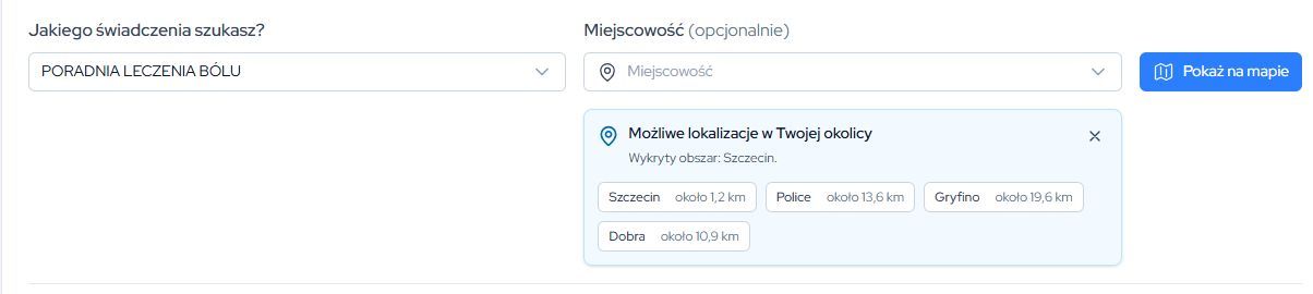 Wybór świadczenia Poradnia Leczenia Bólu w wyszukiwarce mapy NFZ