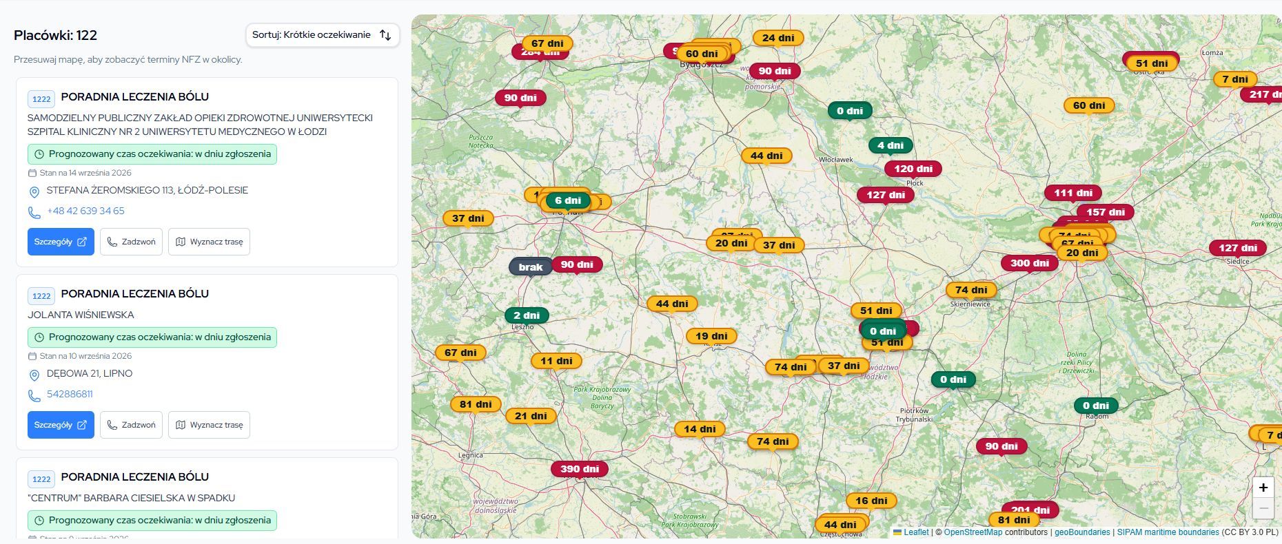 Mapa placówek NFZ z prognozowanym czasem oczekiwania na świadczenie Poradnia Leczenia Bólu