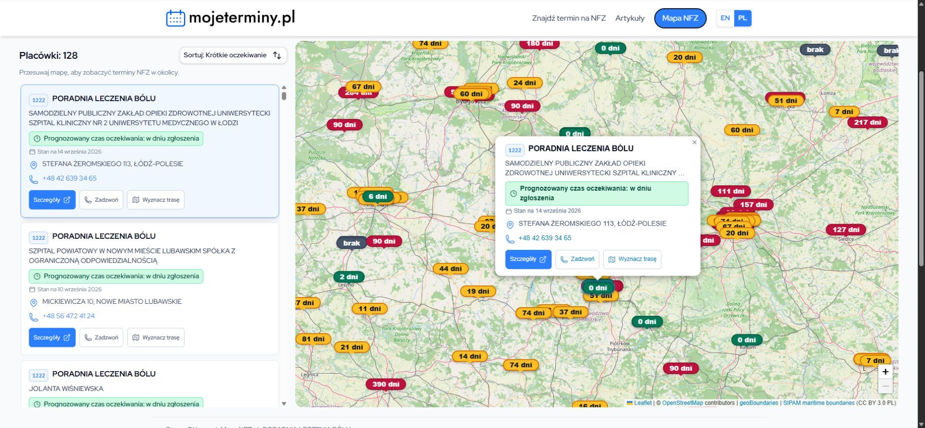 Otwarta karta placówki na mapie NFZ z datą danych, adresem i przyciskami kontaktu