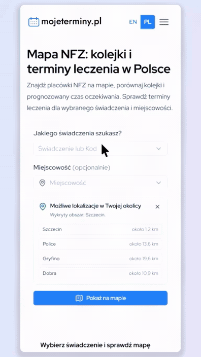 Mobilna mapa terminów NFZ: wybór świadczenia i Szczecina, przesuwanie mapy oraz przełączenie na listę placówek